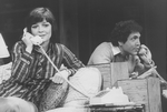 Actors Anita Gillette and David Groh talking on telephones in a scene from the Broadway production of the play "Chapter Two."