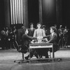 (C, L-R) Actors Philip Casnoff, Paul Harman, Judy Kuhn, unidentified actor and David Carroll in a scene from the Broadway production of the musical "Chess.".