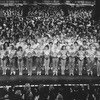 Rows of dancers from all companies onstage before the invited audience at performance #3,389 of the Broadway production of the musical "A Chorus Line," making it the longest running show in Broadway history.