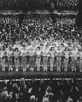 Rows of dancers from all companies onstage before the invited audience at performance #3,389 of the Broadway production of the musical "A Chorus Line," making it the longest running show in Broadway history.