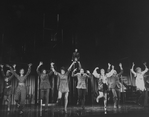 (2L-R) Actors Barbara Barrie, John Cunningham, Donna McKechnie, Dean Jones, Charles Kimbrough, Pamela Myers, George Coe and Elaine Stritch in a scene from the Broadway production of the musical "Company"