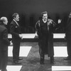 (L-R) Actors Thomas Kopache, Paul Hecht, Christopher Walken and Moses Gunn in a scene from the NY Shakespeare Festival production of the play "Coriolanus."