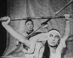 (R-L) Actors John Lone and Tzi Ma in a scene from the NY Shakespeare Festival production of the play "The Dance And The Railroad.".
