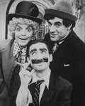 (L-R) Actors Priscilla Lopez, David Garrison and Frank Lazarus as Harpo, Groucho and Chico Marx (respectively) in a scene from the Broadway production of the musical "A Day in Hollywood/A Night in the Ukraine"