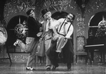 (L-R) Actors Frank Lazarus, Priscilla Lopez and David Garrison as Chico, Harpo and Groucho Marx (respectively) in a scene from the Broadway production of the musical ""A Day in Hollywood/A Night in the Ukraine"