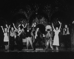 (L-R) Actors Niki Harris, Albert Stephenson, Peggy Hewett, Frank Lazarus (Chico Marx), David Garrison (Groucho Marx), Priscilla Lopez (Harpo Marx), Kate Draper and Stephen James in a scene from the Broadway production of the musical ""A Day in Hollywood/A Night in the Ukraine"