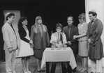 (L-R) Actors Michael Rupert, Janet Metz, Heather MacRae, Danny Gerard, Lonny Price, Faith Prince and Stephen Bogardus having a Bar Mitzvah ceremony in a scene from the Off-Broadway production of the musical "Falsettoland"
