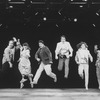 (L-R) Danny Gerard, Lonny Price, Faith Prince, Michael Rupert, Stephen Bogardus, Janet Metz and Heather MacRae jumping in a scene from the Off-Broadway production of the musical "Falsettoland"