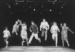 (L-R) Danny Gerard, Lonny Price, Faith Prince, Michael Rupert, Stephen Bogardus, Janet Metz and Heather MacRae jumping in a scene from the Off-Broadway production of the musical "Falsettoland"