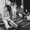 (L-R) Actors Christopher Reeve, Jonathan Hogan, Swoosie Kurtz, Joyce Reehling, Amy Wright, Ben Siegler, Jeff Daniels and Mary Carver in a scene from the Broadway production of the play "Fifth Of July.".