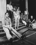 (L-R) Actors Christopher Reeve, Jonathan Hogan, Swoosie Kurtz, Joyce Reehling, Amy Wright, Ben Siegler, Jeff Daniels and Mary Carver in a scene from the Broadway production of the play "Fifth Of July.".