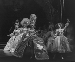 Showgirls wearing ornately detailed costumes designed by Florence Klotz in a scene from the Broadway production of the musical "Follies.".