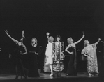 (L-R) Actresses Liliane Montevecchi, Betty Comden, Elaine Stritch, Phyllis Newman, Lee Remick and Barbara Cook performing a number from the Lincoln Center concert revival of the musical "Follies.".