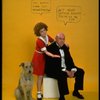 Actress Andrea McArdle as Annie w. Sandy and Reid Shelton as Daddy Warbucks w. comic strip balloons above them; from the Broadway production of the musical "Annie."