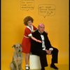 Actress Andrea McArdle as Annie w. Sandy and Reid Shelton as Daddy Warbucks w. comic strip balloons above them; from the Broadway production of the musical "Annie."