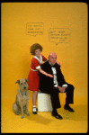 Actress Andrea McArdle as Annie w. Sandy and Reid Shelton as Daddy Warbucks w. comic strip balloons above them; from the Broadway production of the musical "Annie."