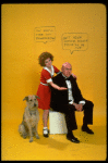 Actress Andrea McArdle as Annie w. Sandy and Reid Shelton as Daddy Warbucks w. comic strip balloons above them; from the Broadway production of the musical "Annie."