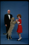 Andrea McArdle as Annie w. Sandy and Reid Shelton as Daddy Warbucks from the Broadway production of the musical "Annie."