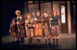 Dorothy Loudon as Miss Hannigan (2L) w. orphans incl. Danielle Brisebois (L) in a scene from the Broadway production of the musical "Annie."
