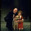 Actors Reid Shelton as Daddy Warbucks and Andrea McArdle as Annie w. Sandy in a scene from the Broadway production of the musical "Annie."