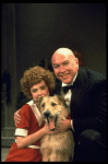Actors Reid Shelton as Daddy Warbucks and Andrea McArdle as Annie w. Sandy in a scene from the Broadway production of the musical "Annie."