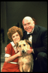 Actors Reid Shelton as Daddy Warbucks and Andrea McArdle as Annie w. Sandy in a scene from the Broadway production of the musical "Annie."