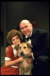 Actors Reid Shelton as Daddy Warbucks and Andrea McArdle as Annie w. Sandy in a scene from the Broadway production of the musical "Annie."