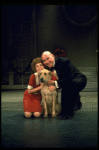 Actors Reid Shelton as Daddy Warbucks and Andrea McArdle as Annie w. Sandy in a scene from the Broadway production of the musical "Annie."