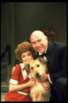 Actors Reid Shelton as Daddy Warbucks and Andrea McArdle as Annie w. Sandy in a scene from the Broadway production of the musical "Annie."