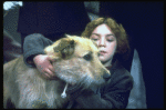 Actress Andrea McArdle as Annie w. Sandy in a scene from the Broadway production of the musical "Annie."