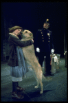 Actress Andrea McArdle as Annie w. Sandy and a policeman in a scene from the Broadway production of the musical "Annie."