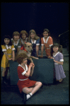 Actress Andrea McArdle as Annie w. Sandy, Danielle Brisebois and orphans in a scene from the Broadway production of the musical "Annie."