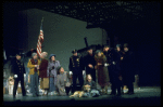 Actress Andrea McArdle as Annie w. Sandy and Hooverville-ites in a scene from the Broadway production of the musical "Annie."