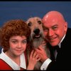 Actors Andrea McArdle as Annie and Reid Shelton as Daddy Warbucks w. Sandy in a scene from the Broadway production of the musical "Annie."