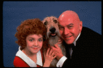 Actors Andrea McArdle as Annie and Reid Shelton as Daddy Warbucks w. Sandy in a scene from the Broadway production of the musical "Annie."