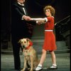 Actors Andrea McArdle as Annie and Reid Shelton as Daddy Warbucks w. Sandy in a scene from the Broadway production of the musical "Annie."