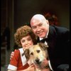 Actors Andrea McArdle as Annie and Reid Shelton as Daddy Warbucks w. Sandy in a scene from the Broadway production of the musical "Annie."