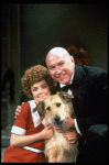 Actors Andrea McArdle as Annie and Reid Shelton as Daddy Warbucks w. Sandy in a scene from the Broadway production of the musical "Annie."