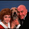 Actors Andrea McArdle as Annie and Reid Shelton as Daddy Warbucks w. Sandy in a scene from the Broadway production of the musical "Annie."