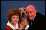 Actors Andrea McArdle as Annie and Reid Shelton as Daddy Warbucks w. Sandy in a scene from the Broadway production of the musical "Annie."