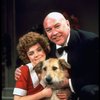 Actors Andrea McArdle as Annie and Reid Shelton as Daddy Warbucks w. Sandy in a scene from the Broadway production of the musical "Annie."