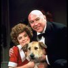 Actors Andrea McArdle as Annie and Reid Shelton as Daddy Warbucks w. Sandy in a scene from the Broadway production of the musical "Annie."