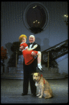 Actors Shelley Bruce as Annie and Reid Shelton as Daddy Warbucks w. Sandy in a scene from the Broadway production of the musical "Annie."