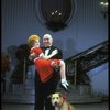 Actors Shelley Bruce as Annie and Reid Shelton as Daddy Warbucks w. Sandy in a scene from the Broadway production of the musical "Annie."