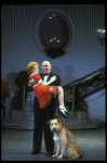 Actors Shelley Bruce as Annie and Reid Shelton as Daddy Warbucks w. Sandy in a scene from the Broadway production of the musical "Annie."