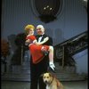 Actors Shelley Bruce as Annie and Reid Shelton as Daddy Warbucks w. Sandy in a scene from the Broadway production of the musical "Annie."