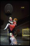 Actors Shelley Bruce as Annie and Reid Shelton as Daddy Warbucks w. Sandy in a scene from the Broadway production of the musical "Annie."