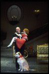 Actors Shelley Bruce as Annie and Reid Shelton as Daddy Warbucks w. Sandy in a scene from the Broadway production of the musical "Annie."