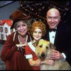 Shelley Bruce as Annie, Reid Shelton as Daddy Warbucks and Dorothy Loudon as Miss Hannigan w. Sandy in a scene from the Broadway production of the musical "Annie."