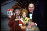 Shelley Bruce as Annie, Reid Shelton as Daddy Warbucks and Dorothy Loudon as Miss Hannigan w. Sandy in a scene from the Broadway production of the musical "Annie."